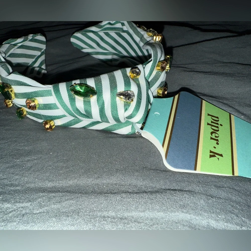 Piper K Striped Green and White Embellished Headband
